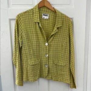 Flax Yellow-Green Windowpane Button-Down Linen Blend Shirt
